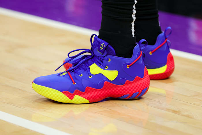 Philadelphia 76ers guard James Harden wearing the Adidas Harden Vol. 6.