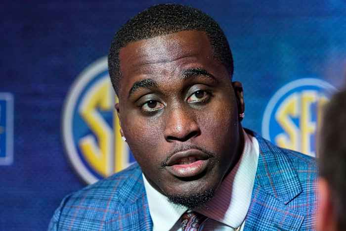 Jul 21, 2022; Atlanta, GA, USA; Auburn Tigers player Derick Hall answers questions during SEC Media Days at the College Football Hall of Fame. Mandatory Credit: Dale Zanine-USA TODAY Sports