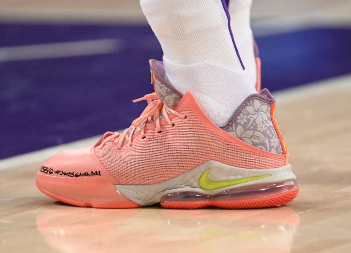 View of pink Nike LeBron shoes.