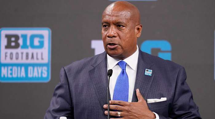 Big Ten Commissioner Kevin Warren talks to reporters during an NCAA college football news conference at the Big Ten Conference media days, at Lucas Oil Stadium, Tuesday, July 26, 2022, in Indianapolis.