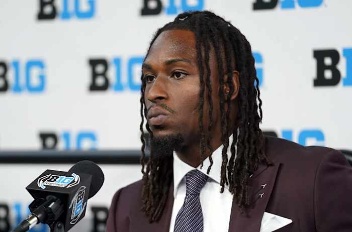 Cam Jones talks at Big Ten Football Media Days.