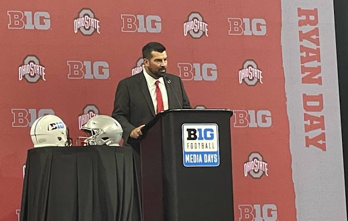 Ohio State head coach Ryan Day speaks at Big Ten Football Media Days.