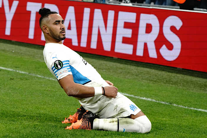 Dimitri Payet celebrates after scoring a stunning goal for Marseille in the Europa Conference League against PAOK