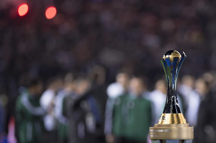 The FIFA Club World Cup trophy is pictured during the 2012 final in which Corinthians beat Chelsea