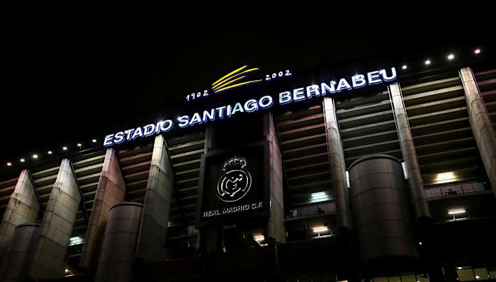 A general view from the outside of the Bernabeu on a Champions League night
