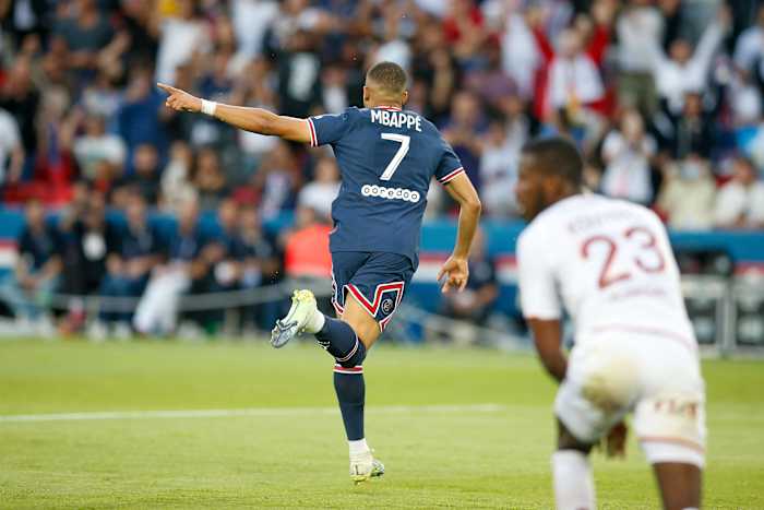 Kylian Mbappe pictured celebrating a goal against Metz on the final day of the 2021/22 Ligue 1 season