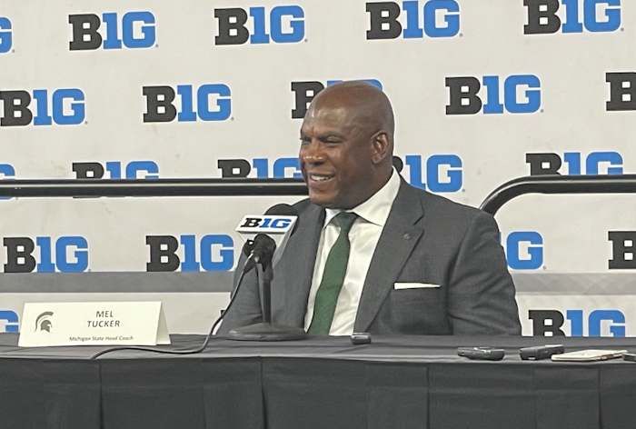 Mel Tucker speaks at Big Ten Football Media Days.