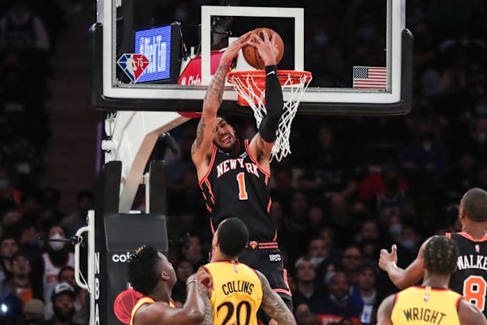 New York Knicks forward Obi Toppin (1) dunks in the second quarter against the Atlanta Hawks at Madison Square Garden.