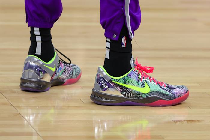 Sacramento Kings guard Tyrese Haliburton wears the Nike Kobe 8 'Prelude' shoes during the 2021-22 NBA season.