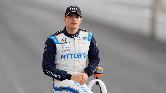 INDIANAPOLIS, IN - MAY 23: Alex Palou poses for the front row photo for the 106th running of the Indianapolis 500 at the Indianapolis Motor Speedway in Indianapolis, Indiana.