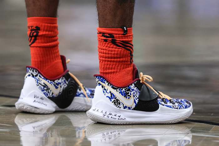 Brooklyn Nets point guard Kyrie Irving wears the Nike Kyrie 6.