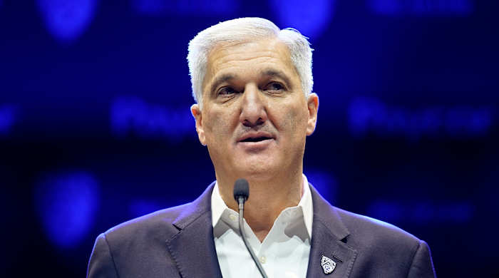 Pac-12 Conference commissioner George Kliavkoff speaks at Pac-12 NCAA college football media day.