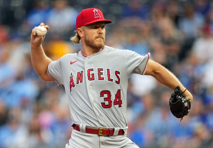 Jul 25, 2022; Kansas City, Missouri, USA; Los Angeles Angels starting pitcher Noah Syndergaard (34) throws a pitch against the Kansas City Royals during the first inning at Kauffman Stadium.