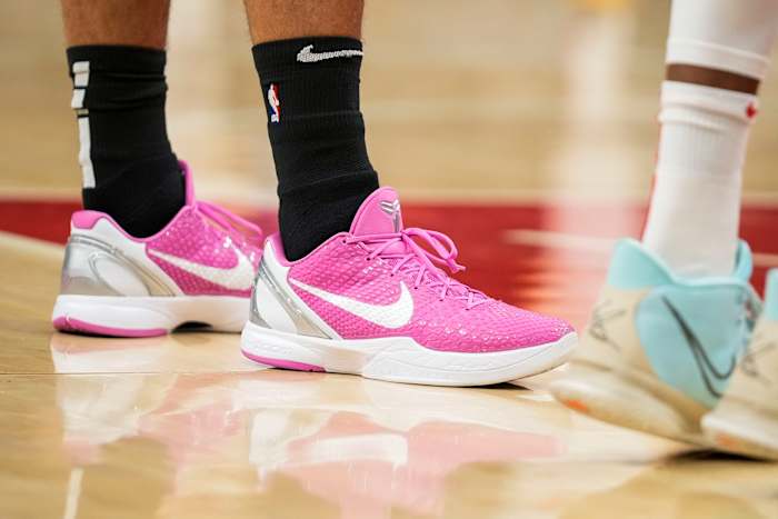 Portland Trail Blazers guard Josh Hart wears the Nike Kobe 6 Protro 'Think Pink'.