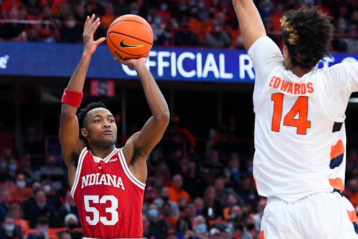 Indiana Hoosiers guard Tamar Bates (53) shoots the ball as Syracuse Orange center Jesse Edwards (14) defends during the first half at the Carrier Dome. (Rich Barnes-USA TODAY Sports)