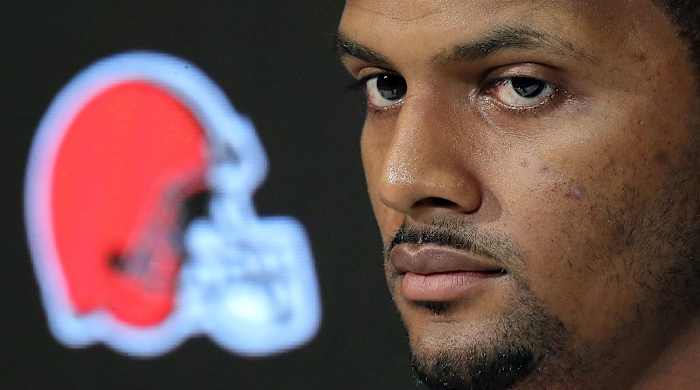 Deshaun Watson looking ahead at his introductory press conference with the Browns