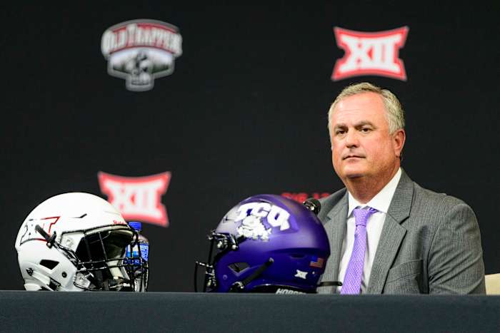 Jul 14, 2022; Arlington, TX, USA; TCU Horned Frogs head coach Sonny Dykes is interviewed during the Big 12 Media Day at AT&T Stadium.