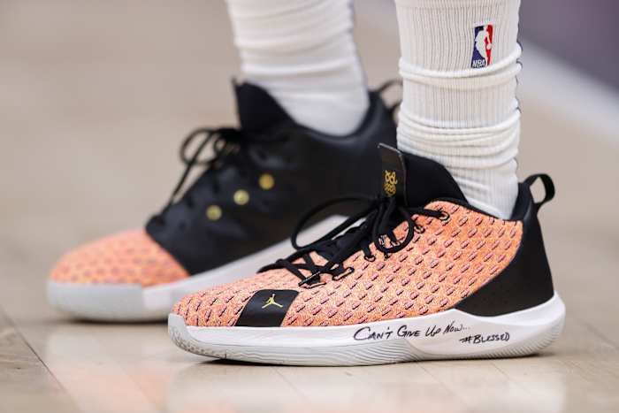 Phoenix Suns guard Chris Paul wears the Jordan CP3.12 'Multi-color' shoes.