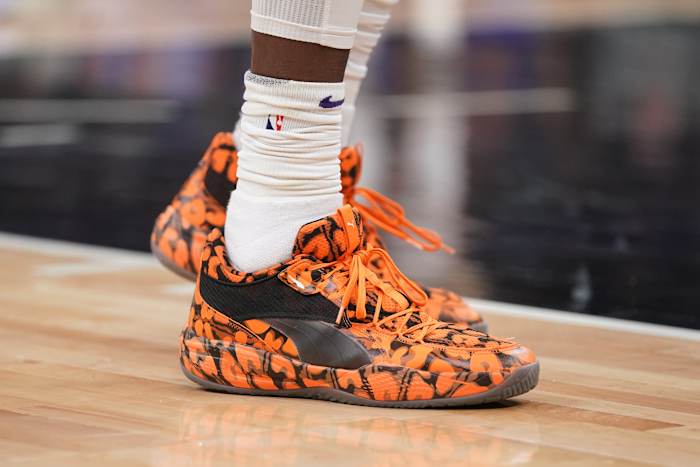Phoenix Suns center Deandre Ayton wears the Puma Court Rider Pop basketball shoes.