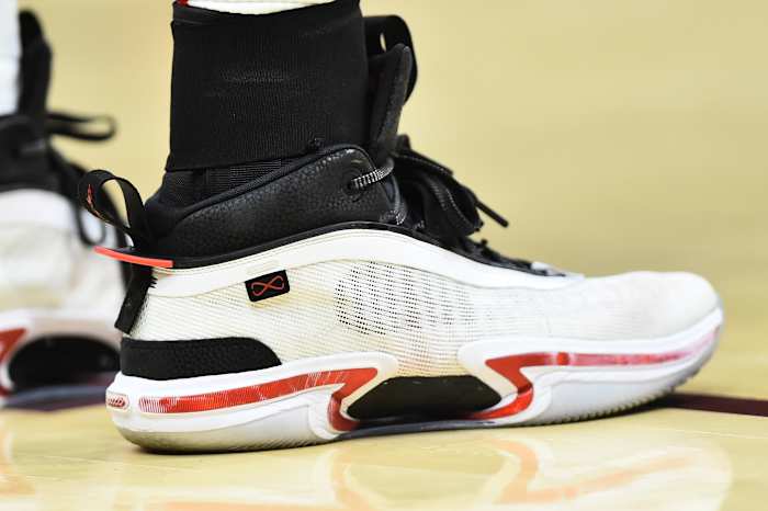 View of white and black Jordan shoes.