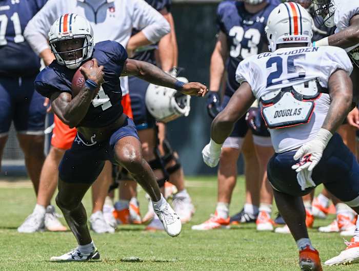Tank Bigsby (4), Colby Wooden (25)Auburn football practice on Sunday, Aug. 7, 2022 in Auburn, Ala.