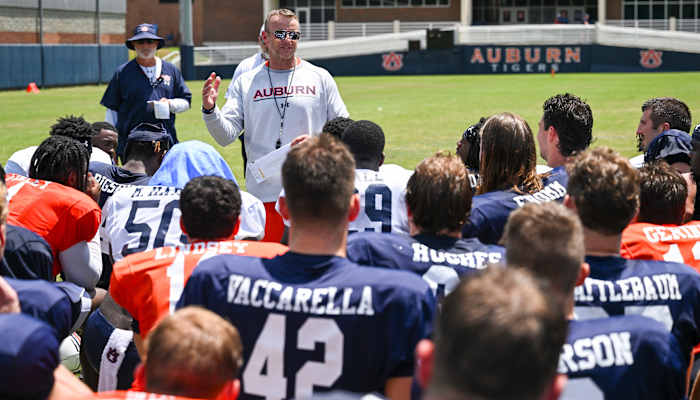 Coach Bryan Harsin talks to his team after practice.Auburn football practice on Sunday, Aug. 7, 2022 in Auburn, Ala.Todd Van Emst/AU Athletics