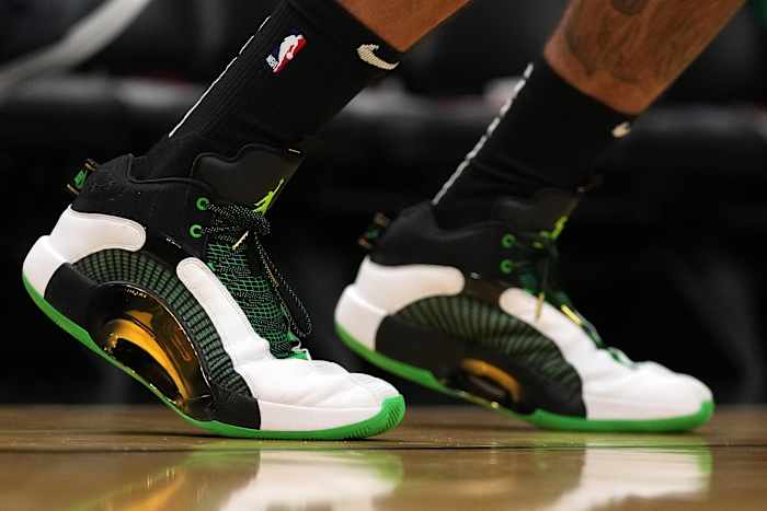 View of Jayson Tatum's shoes.