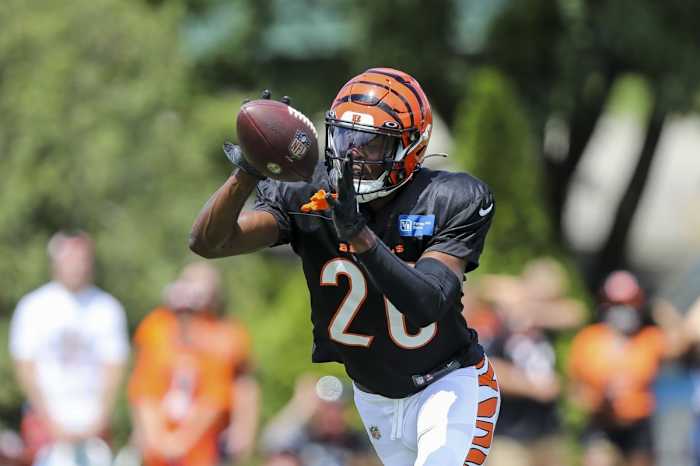 Aug 7, 2022; Cincinnati OH, USA; Cincinnati Bengals safety Tycen Anderson (26) runs drills during training camp at Kettering Health Practice Fields. Mandatory Credit: Katie Stratman-USA TODAY Sports