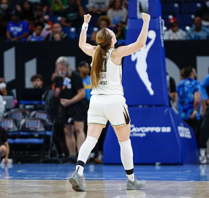 New York Liberty guard Sabrina Ionescu celebrates the victory against the Chicago Sky after Game 1 of the first round of the WNBA playoffs at Wintrust Arena.