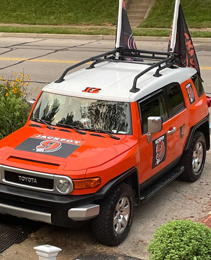 Meyer packs his bright-orange Toyota FJ Cruiser the night before the game, so he can arrive to the Bengals tailgating lot in the early morning hours.