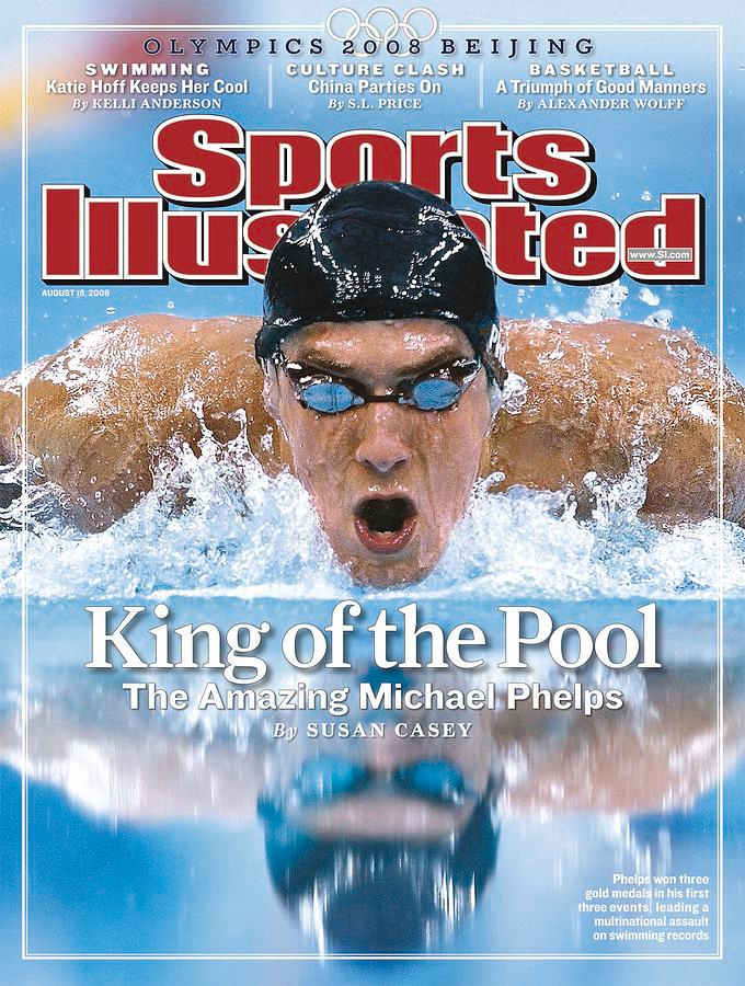 Head-on photo of Michael Phelps on the cover of Sports Illustrated in 2008