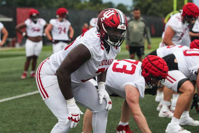 Indiana offensive lineman Matthew Bedford ready for the snap during a practice last season.