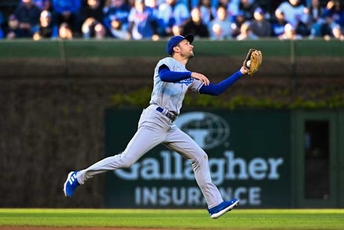 Trea Turner catches a pop up at Wrigley Field.
