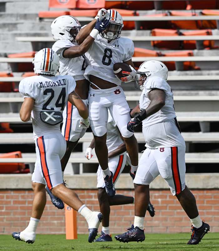 7 Austin Ausberry celebrates making a play with the defense.Auburn football scrimmage on Friday, Aug. 19, 2022 in Auburn, Ala. Todd Van Emst/AU Athletics