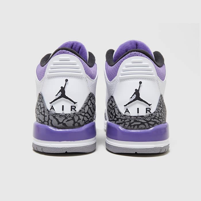 Air Jordan 3 'Dark Iris' drops on August 24, 2022, for $200. The white and purple sneakers pay a subtle nod to Los Angeles Lakers legend Kobe Bryant.