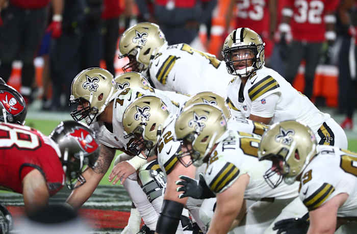 New Orleans Saints quarterback Jameis Winston (2) looks on against the Tampa Bay Buccaneers. Mandatory Credit: Kim Klement-USA TODAY