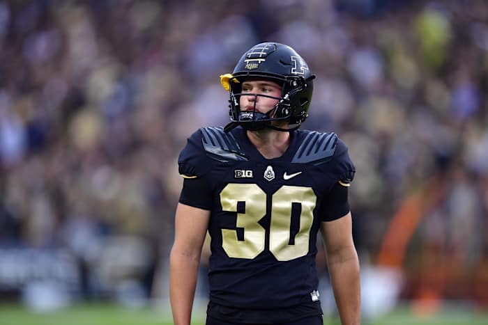 Sep 4, 2021; West Lafayette, Indiana, USA; Purdue Boilermakers punter Jack Ansell (30) warms up before the game against the Oregon State Beavers at Ross-Ade Stadium