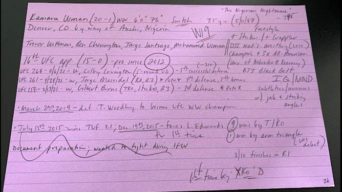 Jon Anik’s notecard for Leon Edwards at UFC 278.