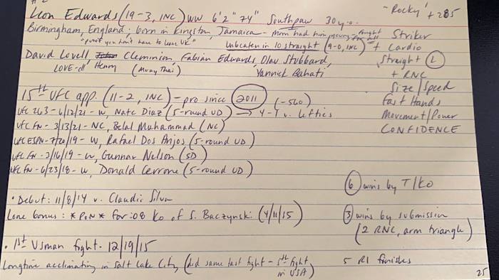 Jon Anik’s notecard for Leon Edwards at UFC 278.