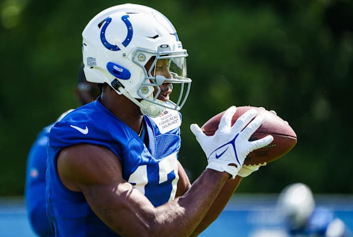Indianapolis Colts wide receiver Mike Strachan (17) pulls in a pass Wednesday, Aug. 24, 2022, during training camp at Grand Park Sports Campus in Westfield, Indiana. Indianapolis Colts Training Camp Wednesday