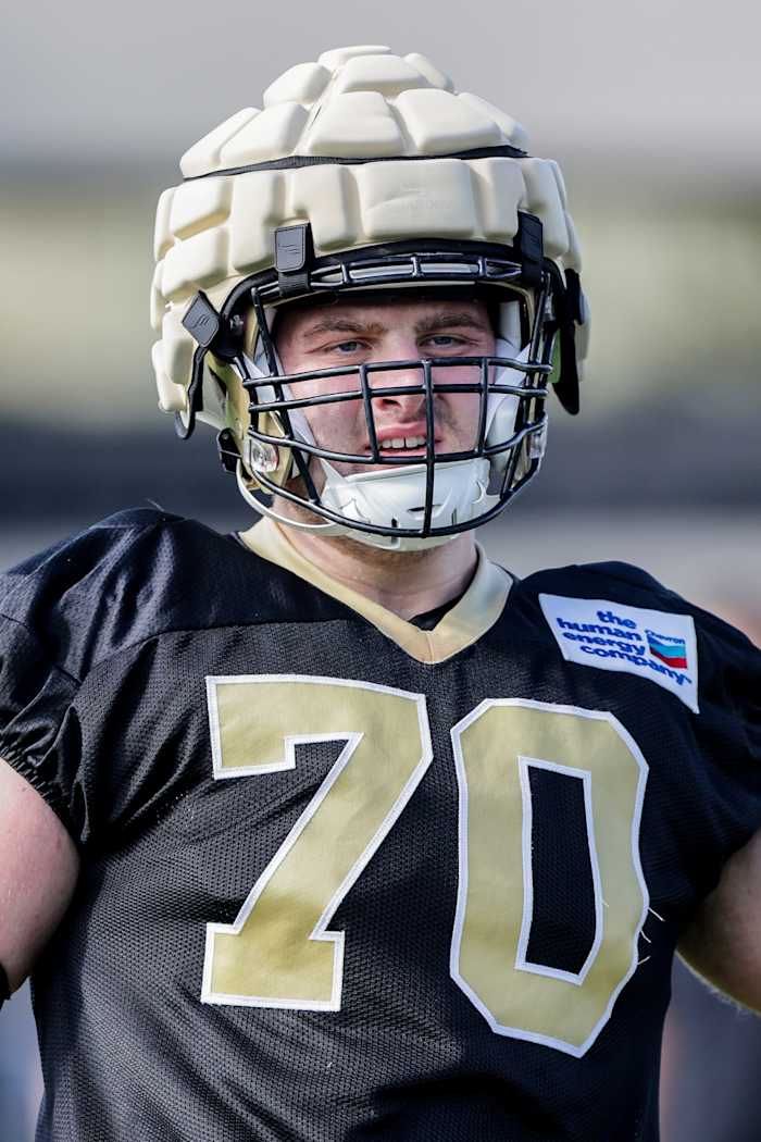 New Orleans Saints offensive tackle Trevor Penning (70) during training camp at Ochsner Sports Performance Center. Mandatory Credit: Stephen Lew-USA TODAY Sports