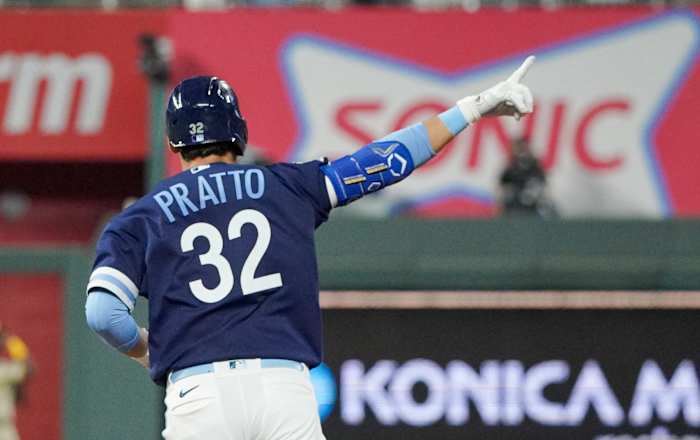 Aug 26, 2022; Kansas City, Missouri, USA; Kansas City Royals first baseman Nick Pratto (32) celebrates while rounding the bases after hitting a two-run home run against the San Diego Padres in the fourth inning at Kauffman Stadium. Mandatory Credit: Denny Medley-USA TODAY Sports