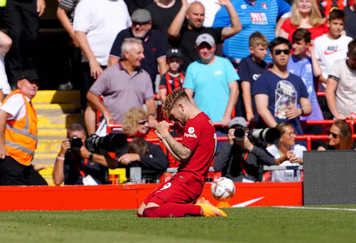 Harvey Elliott pictured celebrating after scoring his first ever goal for Liverpool in August 2022