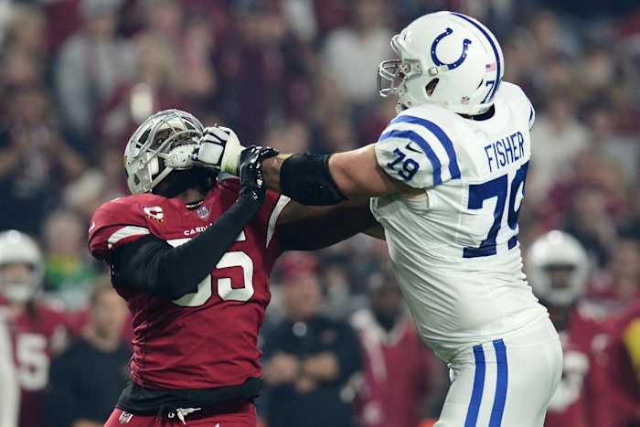 Indianapolis Colts tackle Eric Fisher (79) blocks Arizona Cardinals linebacker Chandler Jones (55). Mandatory Credit: Joe Camporeale-USA TODAY Sports