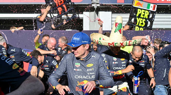 Max Verstappen and Sergio Perez after the Belgian Grand Prix