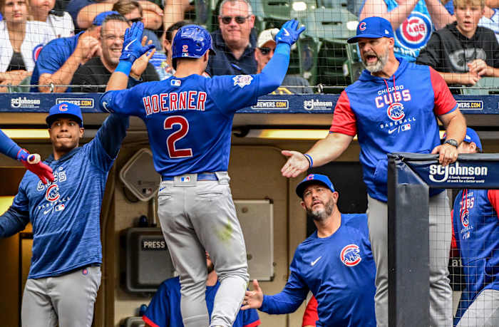 Chicago Cubs shortstop Nico Hoerner celebrates after his home run on Sunday.