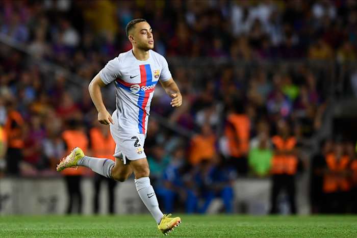 Sergino Dest pictured in action for Barcelona during a friendly game against Manchester City in August 2022