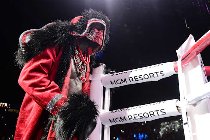 Deontay Wilder enters the arena to face Tyson Fury (not pictured) for the WBC/Lineal heavyweight championship boxing match at T-Mobile Arena.