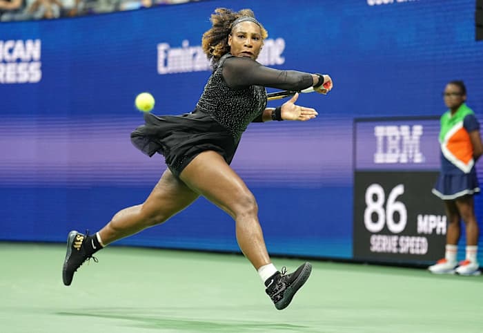 Serena Williams hits a backhand during the first round of the 2022 U.S. Open