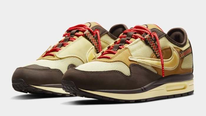 View of Nike Air Max 1 shoes designed by Travis Scott.